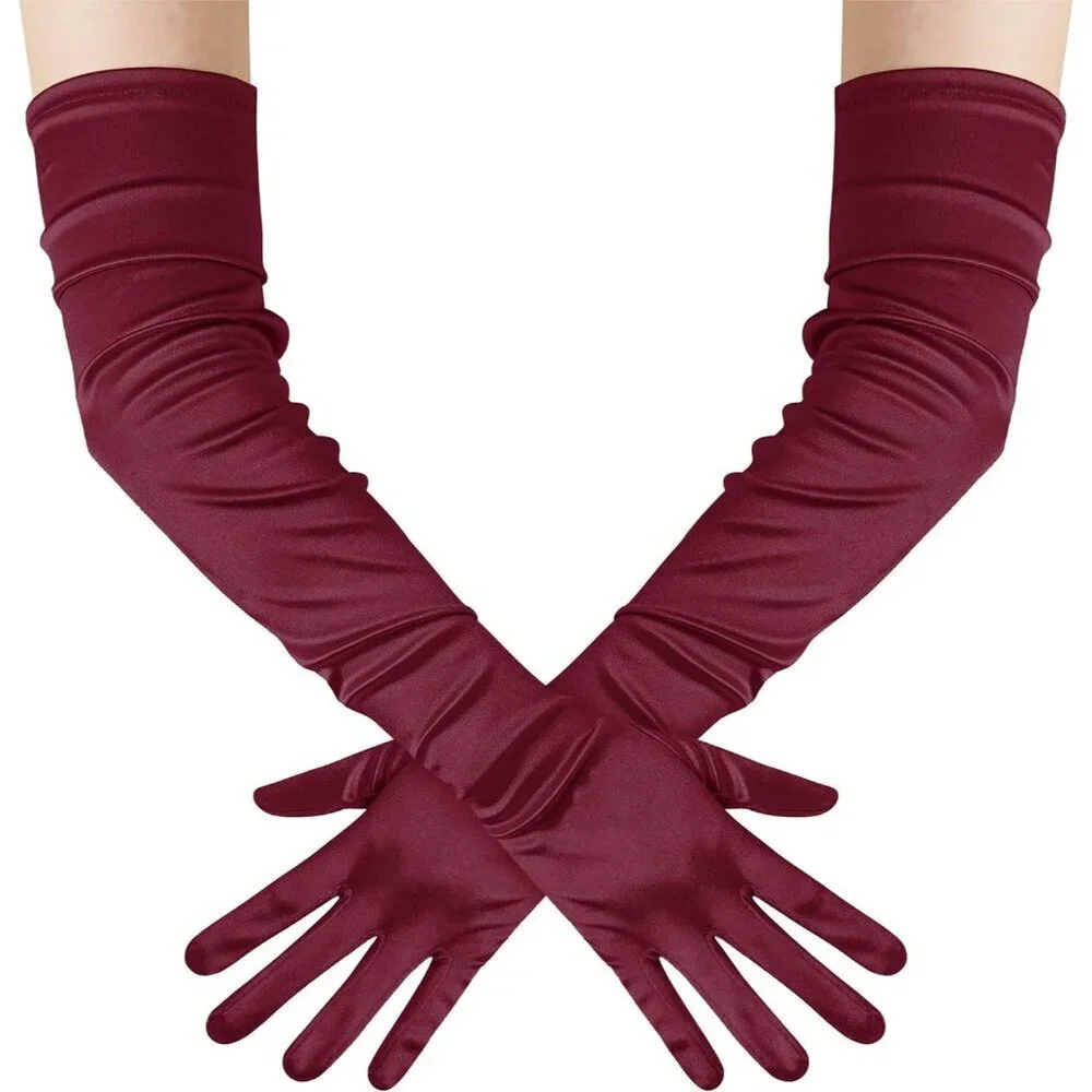 Women's Long Satin Gloves Dark Red Stretchy Upper Arm Length Costume Design